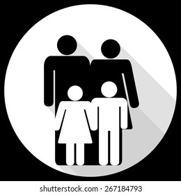 Happy family symbol. black figure silhouette of mother, father, son and daughter together. Flat and shadow theme design sign, vector art image illustration web icon, isolated on white background
