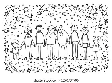 Happy family symbol. Two dads with kids and grandkids on white background. Gay parents with kids. LGBT pride symbol. Caucasian family. Doodle style.