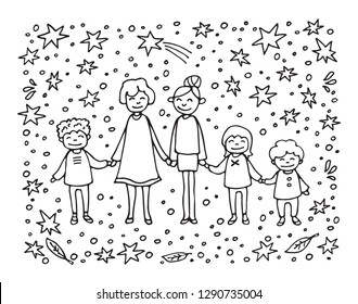 Happy family symbol. Two moms with children on white background. Gay parents with kids. Big family with kids. LGBT pride symbol. Caucasian family. Doodle style.