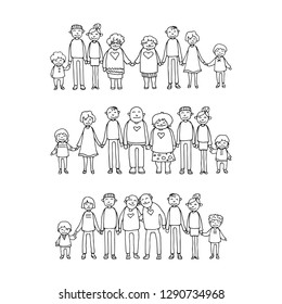 Happy family symbols. Grandparents, grandchildren and parents with kids isolated on white background. Honosexual family and heterosexual family. Gay couple with kids. Caucasian family. Doodle style.