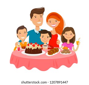 Happy family at table. Celebration, tableful concept. Cartoon vector illustration