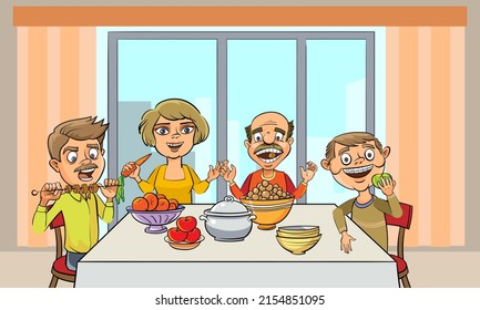 Happy family at the table. Everyone has healthy teeth