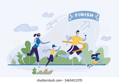 Happy Family Take Part in Running Competition. Mother, Father, Daughter and Son Run to Finish on Stadium. Healthy Lifestyle, Sport, Activity, People Jogging Marathon. Cartoon Flat Vector Illustration