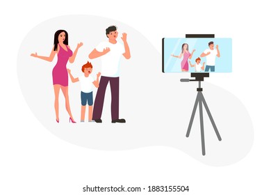 Happy family taking a broadcast for social media network vector illustration. People characters vloggers make a live streaming.