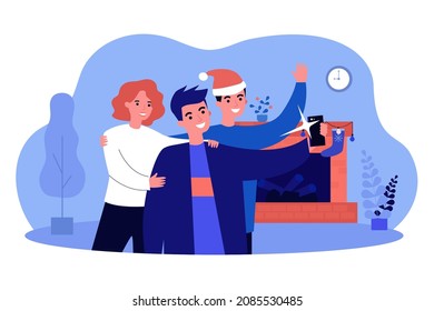 Happy family taking selfie photo after Christmas dinner. Xmas party of people by home fireplace flat vector illustration. Christmas celebration concept for banner, website design or landing web page