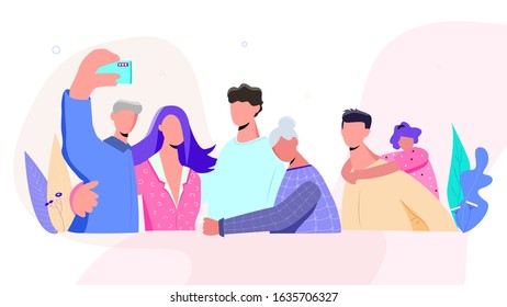 Happy family taking selfie, shotting group portrrait, concept of friendly family. Man holding smartphones, people hug each other. Flat vector design.