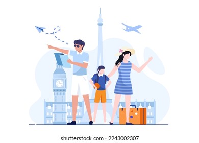 Happy family is taking a vacation tour to Europe. Vector illustration in a flat style in light blue color theme. Can be used for travel and tourism design concept