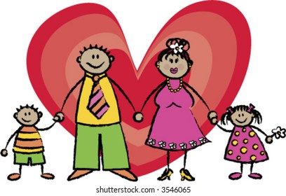 Happy Family in tan skin tone (vector) - cartoon illustration