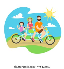 Happy Family Tandem Bike. Man and Woman and Daughter Together. Flat Design Style. Vector illustration of Family Biking for Bicycle tour. Fun summer cyclist