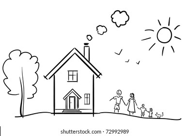 Happy family   their house  A children's sketch