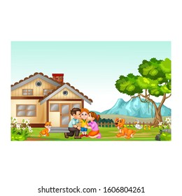 Happy Family With Their Pets In Front Grass Field Yard of House Cartoon
