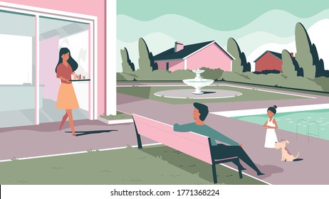 a happy family, they stay at their home, in the yard there is a pool and a fountain, the man is sitting on the chair, his wife brings him something to drink,vector.