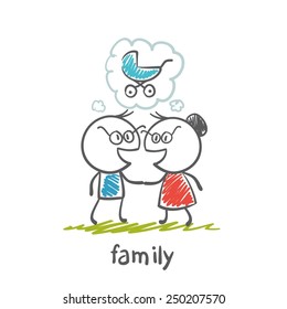 happy family is thinking about the baby in the stroller illustration