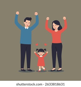 A happy family of three, arms raised in celebration, smiling with joy. The child has hearts above.