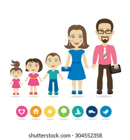 Happy family with three children - cartoon characters