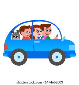 
A happy family of three: dad, mom, son and dog. Riding in a blue passenger car. Vector illustration in cartoon style with a white background.