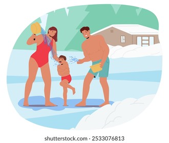 Happy Family Of Three Engages In A Refreshing Ice Bath Ritual In A Picturesque Snow-Covered Setting Surrounded By Nature Showing A Unique Way Of Bonding And Promoting Health, Hardening And Wellbeing