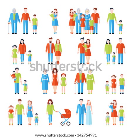 Happy family three generations flat icons set with father mother grandparents and children abstract vector isolated illustration