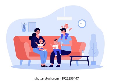 Happy Family With Three Kids On Sofa. Sibling, Triplets, Mom Flat Vector Illustration. Parenthood And Maternity Concept For Banner, Website Design Or Landing Web Page