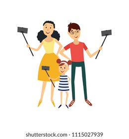 Happy family of three members taking selfie each themselves using his smartphone and monopod isolated on white background. Flat cartoon vector illustration of smiling young family.