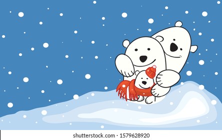 happy family of three polar bears on a background of a snowy landscape. cheerful winter mood