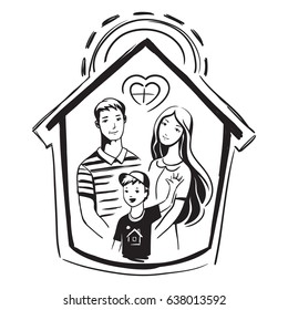 Happy family of three, young family at home, sweet home, full family, developer logo, housewarming symbol, family portrait, isolated, vector, black and white, hand drawn sketch.