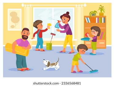 Happy family tidying up room. Children helping parents. Mom and son cleaning windows. Boy mopping floor. Father washing carpet. Household chores. Splendid vector