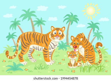 Happy family of tigers in nature. Two adult tigers with a cub in a clearing with palms, bushes, grass and flowers. In cartoon style. Vector flat illustration.