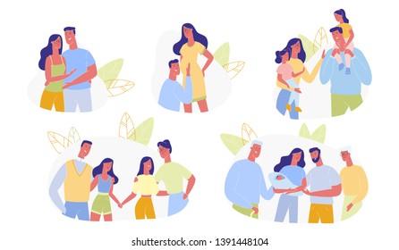 Happy Family Time Line Set Isolated on White Background. Young Loving Couple, Pregnancy, Childbirth, Parents with Children, Grandparents with Kids and Grandchildren. Cartoon Flat Vector Illustration