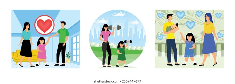 Happy Family Time. Mother and Daughter Exercising Together Outdoors. Parents, Children, and Love in a Joyful Setting. Set flat vector modern illustration 