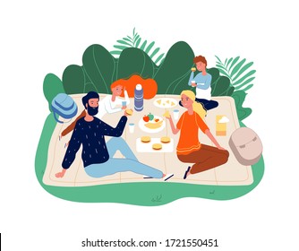 Happy family time. Parents and kids on picnic. Adults, children eating and talking. Cool weekend, bbq in park vector concept