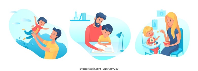 Happy Family Time Together Set Vector Illustration. Cartoon Young Father Holding Son In Hands, Dad And Kid Study With Book At Home, Mother And Baby Sitting In Kitchen Chairs To Eat Healthy Food