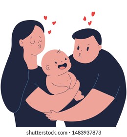 Happy family with toddlers vector cartoon illustration isolated on a white background.