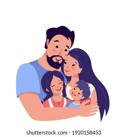 Happy Family Together Avatar. International Family Day. Happy Dad Hugs Mom And Children. Group Of People. Father, Mother, Daughter And Son. Vector Illustration