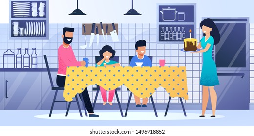 Happy Family Together Celebrate Birthday Kitchen. Vector Illustration Cartoon Style. Home Holiday, Parents, Mother, Bearded Father, Kids, Son, Daughter, Table, Cake Candle, Kitchen Background