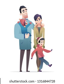 Happy family together. Father, mother, son and daughter. Winter fashion Cartoon flat modern design