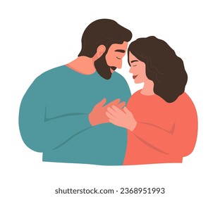 Happy family together. A man and a woman hug, looking at each other with tenderness. Beautiful couple in love. Vector flat graphics.