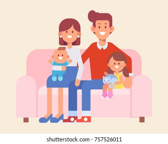 Happy family together. Mom, dad and kids sitting on the couch at home. Cartoon style, Flat Vector illustration isolated on white.