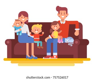 Happy family together. Mom, dad and kids sitting on the couch at home. Cartoon style, Flat Vector illustration isolated on white.