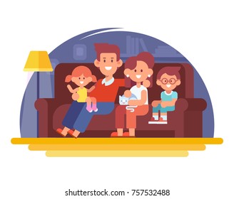 Happy family together. Mom, dad and kids sitting on the couch at home. Cartoon style, Flat Vector illustration isolated on white.