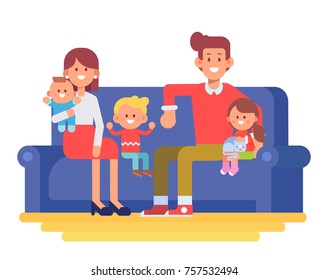 Happy family together. Mom, dad and kids sitting on the couch at home. Cartoon style, Flat Vector illustration isolated on white.