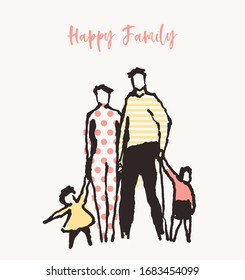 Happy family together. Mother, father, sister, brother. Hand drawn vector illustration, sketch