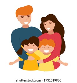 Happy family together. Mother, father, son and daughter. Parents and kids. Vector illustration in flat style.