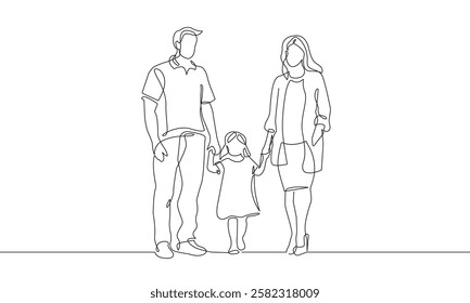 Happy Family Together One Line Vector Illustration. Continuous Single Line Drawing of Parents Holds Child. Happy Family Hand Drawn Contour Silhouette Outline Style. Not AI