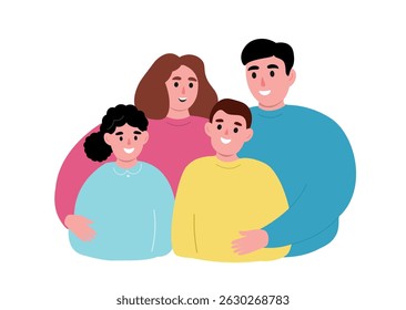 Happy family together. Parents hug their children. Vector flat graphics.