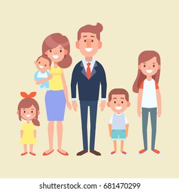 Happy family together - parents with kids. Set of vector cartoon characters. Vector illustration in a flat style.