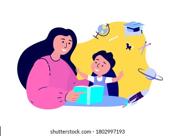 Familia feliz junta prepara a escolar para la escuela. Educación infantil. La madre tutora apoya el libro de lectura con la casa de los estudiantes. Aprendizaje de lección.Educación en el hogar. Estudiar Ciencia. Ilustración vectorial