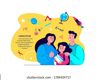 Happy Family Together Prepare Schoolgirl for School.Children Education.Parents Support.Mother,Father,Child Student Homework.Lesson Digital Learning.Home Schooling.Pupil Study Book. Vector Illustration