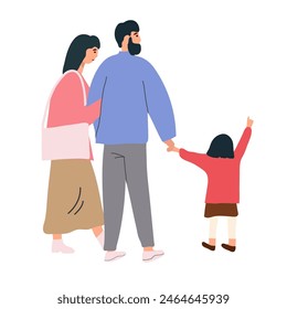 Happy family together rear view. Parents standing with kid isolated on white background. Vector illustration isolated on white background.