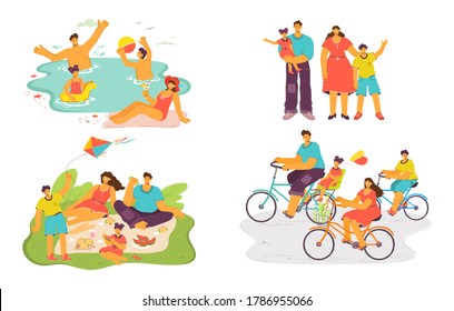 Happy family together vector illustration set. Cartoon flat father, mother and daughter or son child character have fun on picnic in park, cycling or swimming. Family love, happiness isolated on white